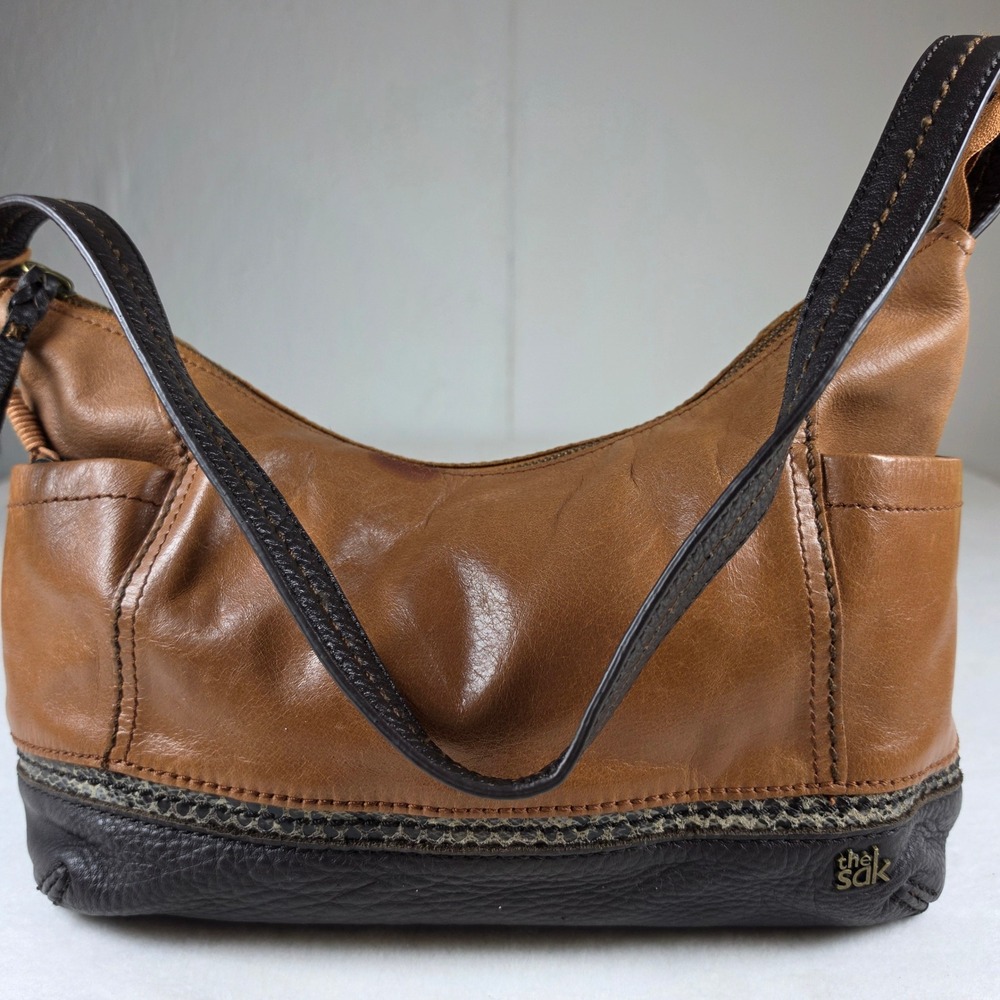 The Sak Brown Leather Hobo Shoulder Bag Two Tone Snakeskin Trim Zip Pocket